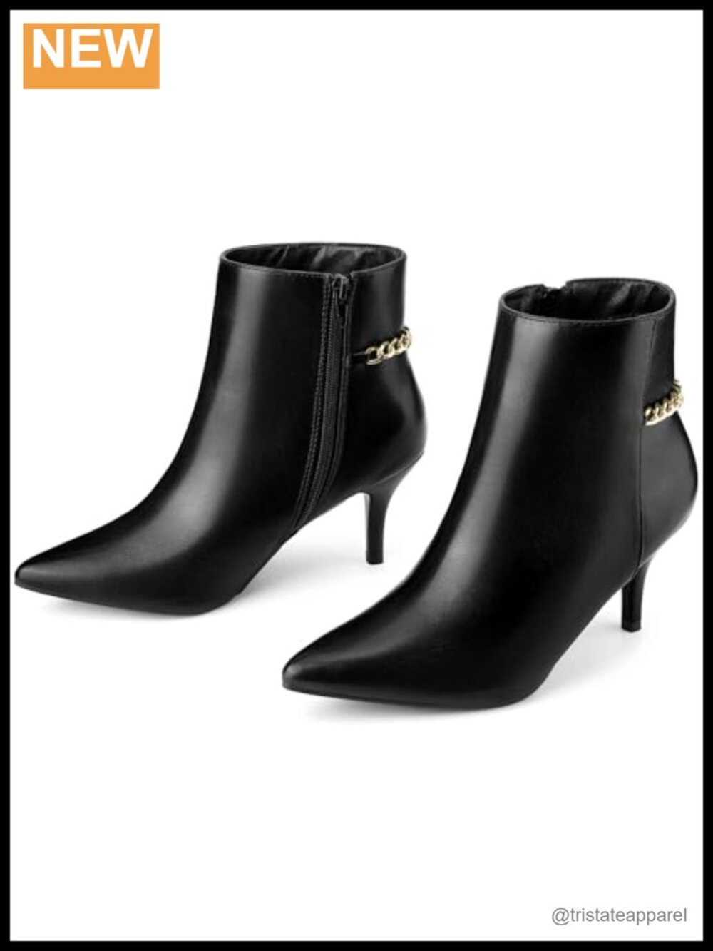 Kitten Heel Booties Pointed Toe Chain Ankle Boots Faux Leather Women's Zip